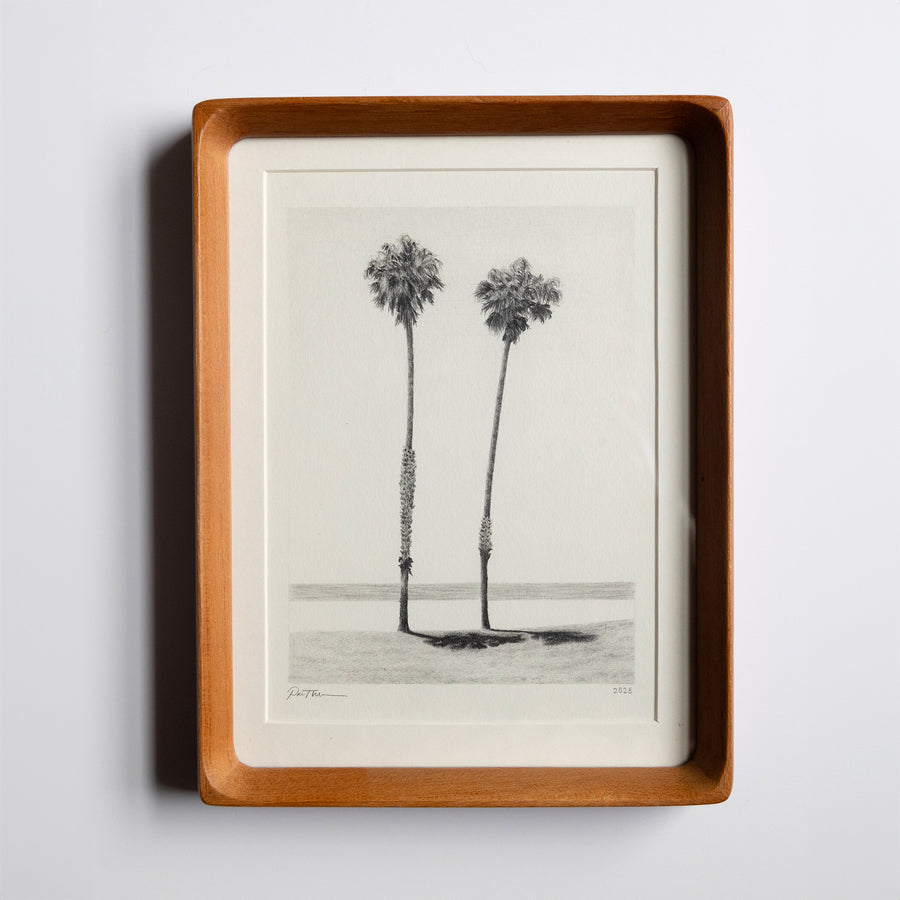 Framed drawing of twin palm trees on a white background
