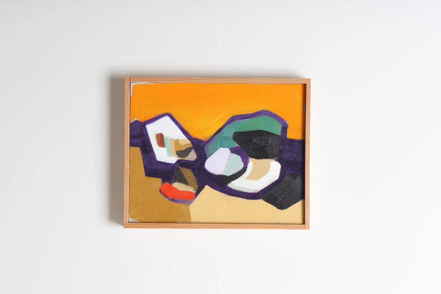 Framed abstract painting with colorful shapes