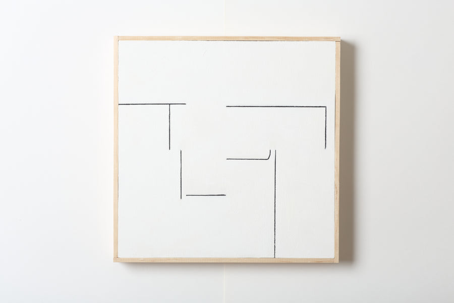 Minimalist abstract painting with orthogonal black lines on a white background in a wood frame