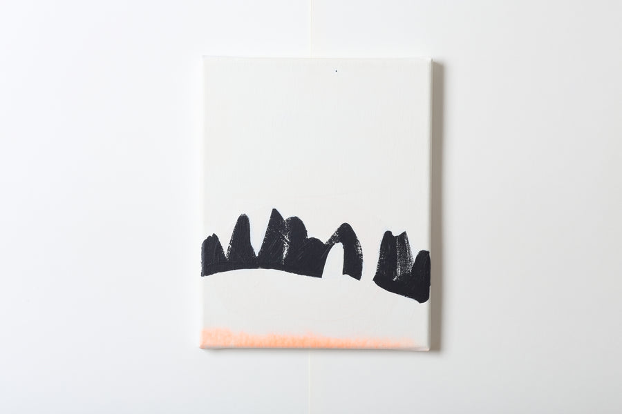 Minimalist art piece with black abstract shapes on a white background with a subtle pink hue on the bottom edge