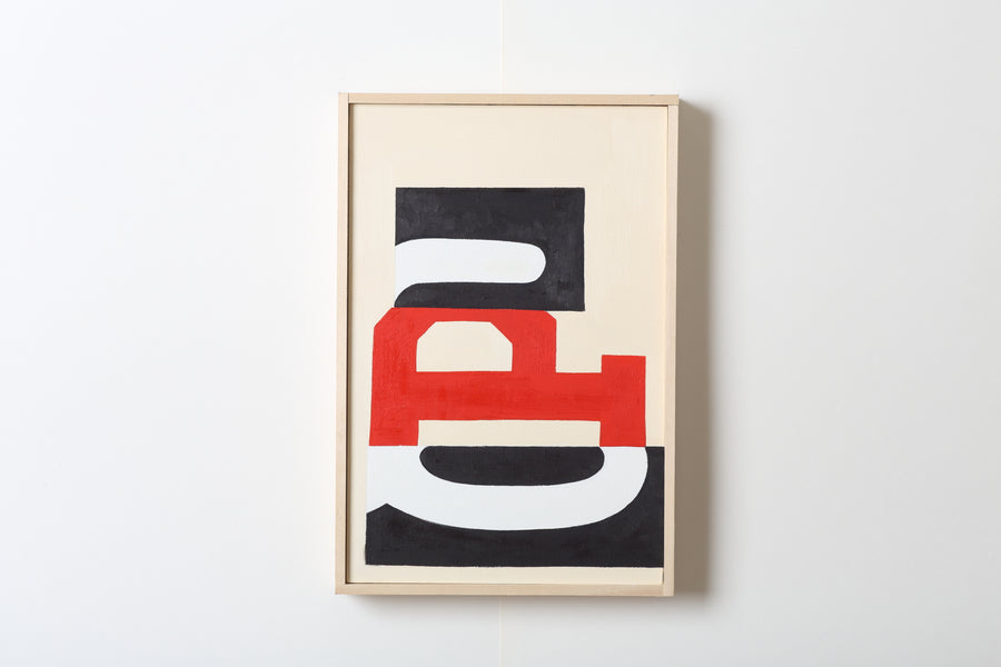 white and red lettering over black blocks on an off-white background