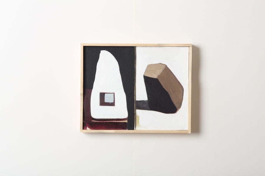 Framed abstract painting. Organic shapes juxtaposed in adjacent planes with contrasting black and white backgrounds 