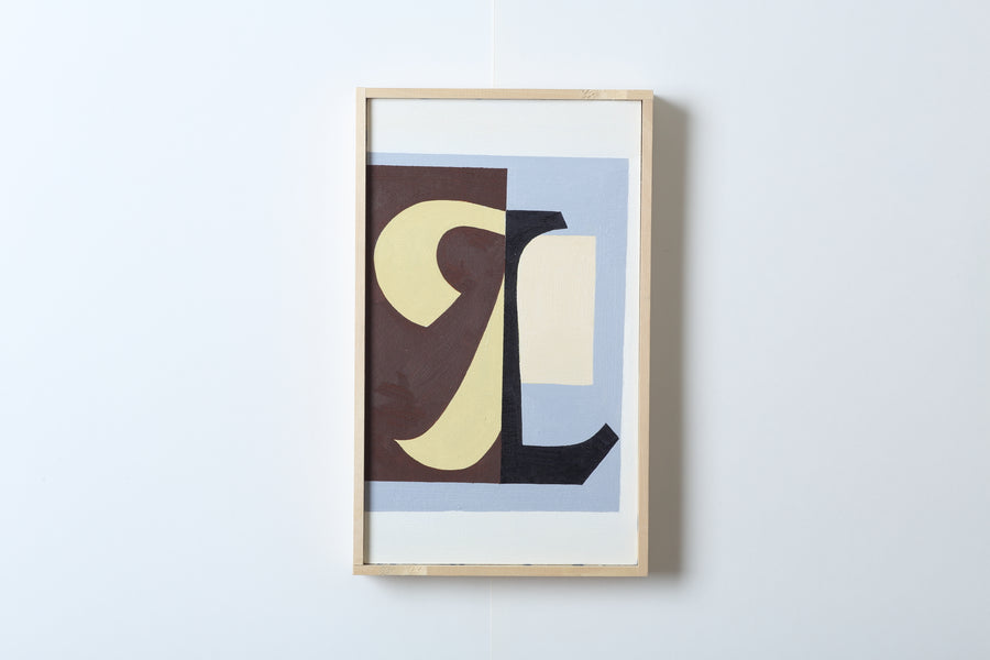Framed abstract painting with geometric shapes and lettering of light blue, light yellow, brown, and black on a white background