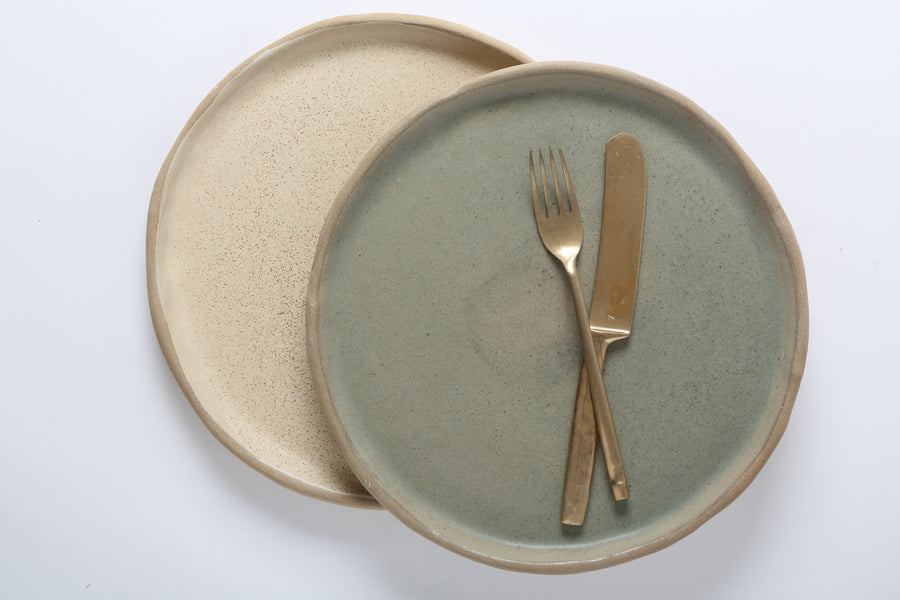 Lustre sage and natural dinner Plates with fork and knife