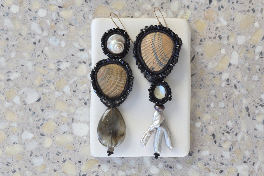 Jacki Holland Large Shell wth Black crochet earrings