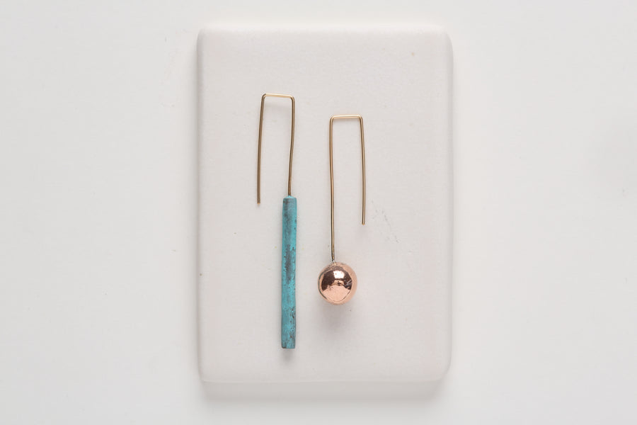Cu Au Atelier Copper Sphere and Patina tube earrings