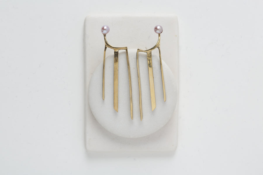 Renee Frances Disco Brass Earrings Pink Pearl