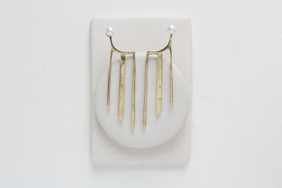 Renee Frances Disco Brass Earrings White Pearl